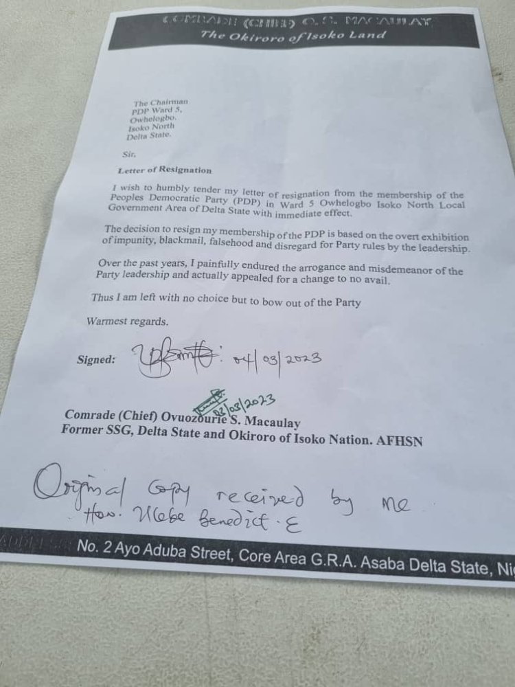 Former Delta SSG, Macaulay resigns from PDP 
