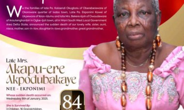 Service of Songs for Mrs. Akapu-Ere Akpodubakaye Scheduled for Today, March 19