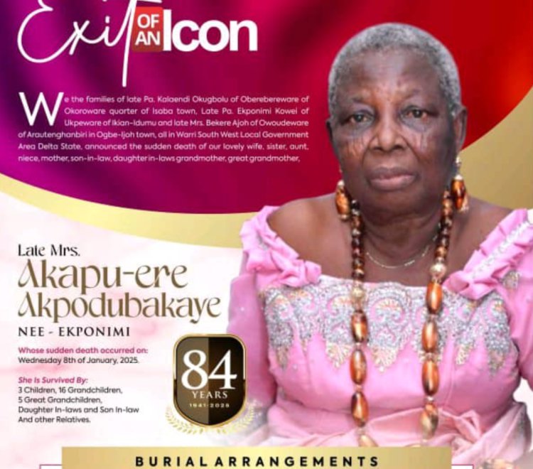 Service of Songs for Mrs. Akapu-Ere Akpodubakaye Scheduled for Today, March 19